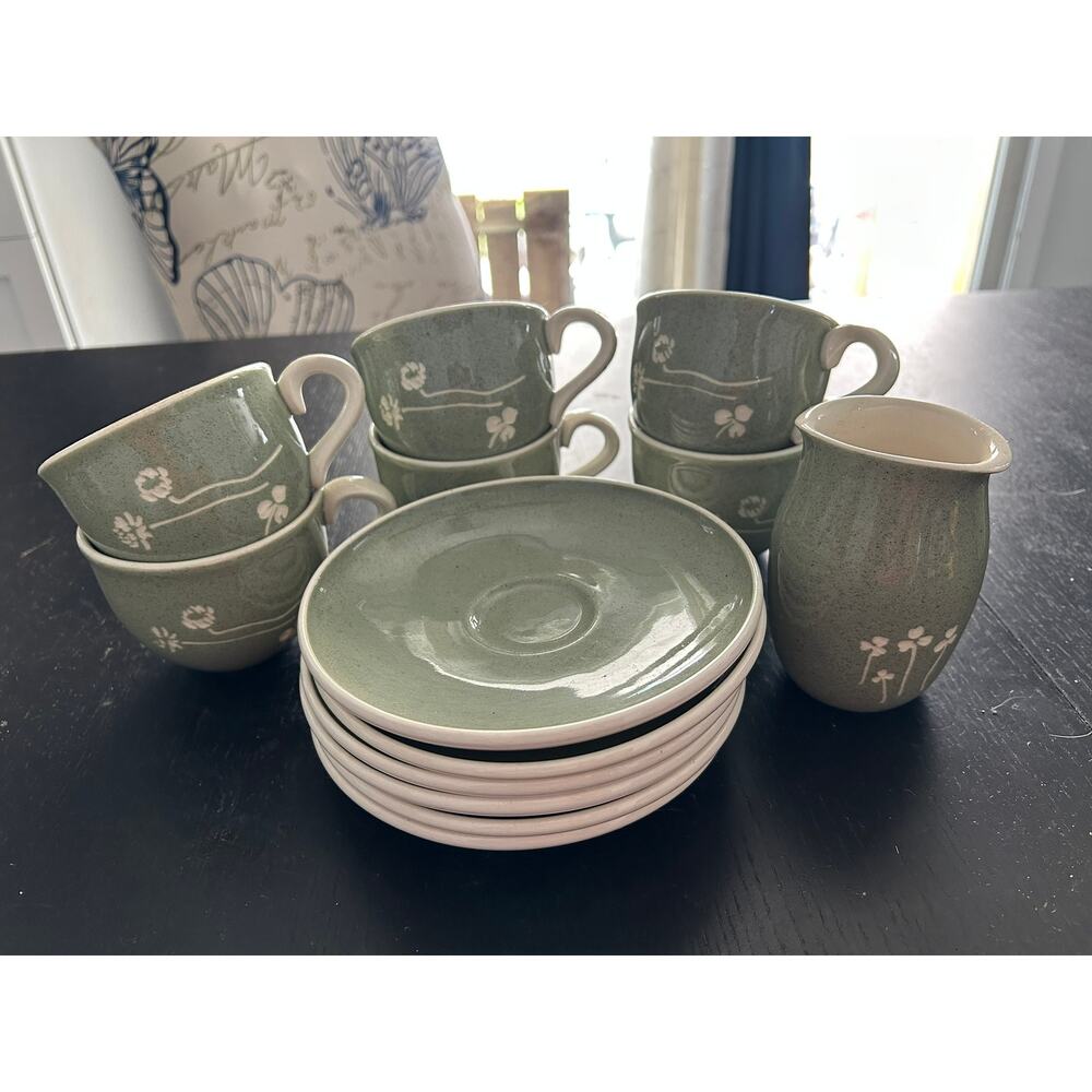 Vtg 50's Harkerware by Russel Wright Coral Olive w/ Flowers-13 Pc. Place Setting